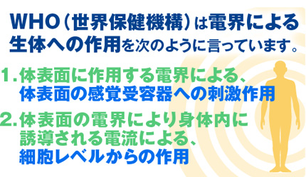 WHO（世界保健機構）は電界による生体への作用を次のように言っています。